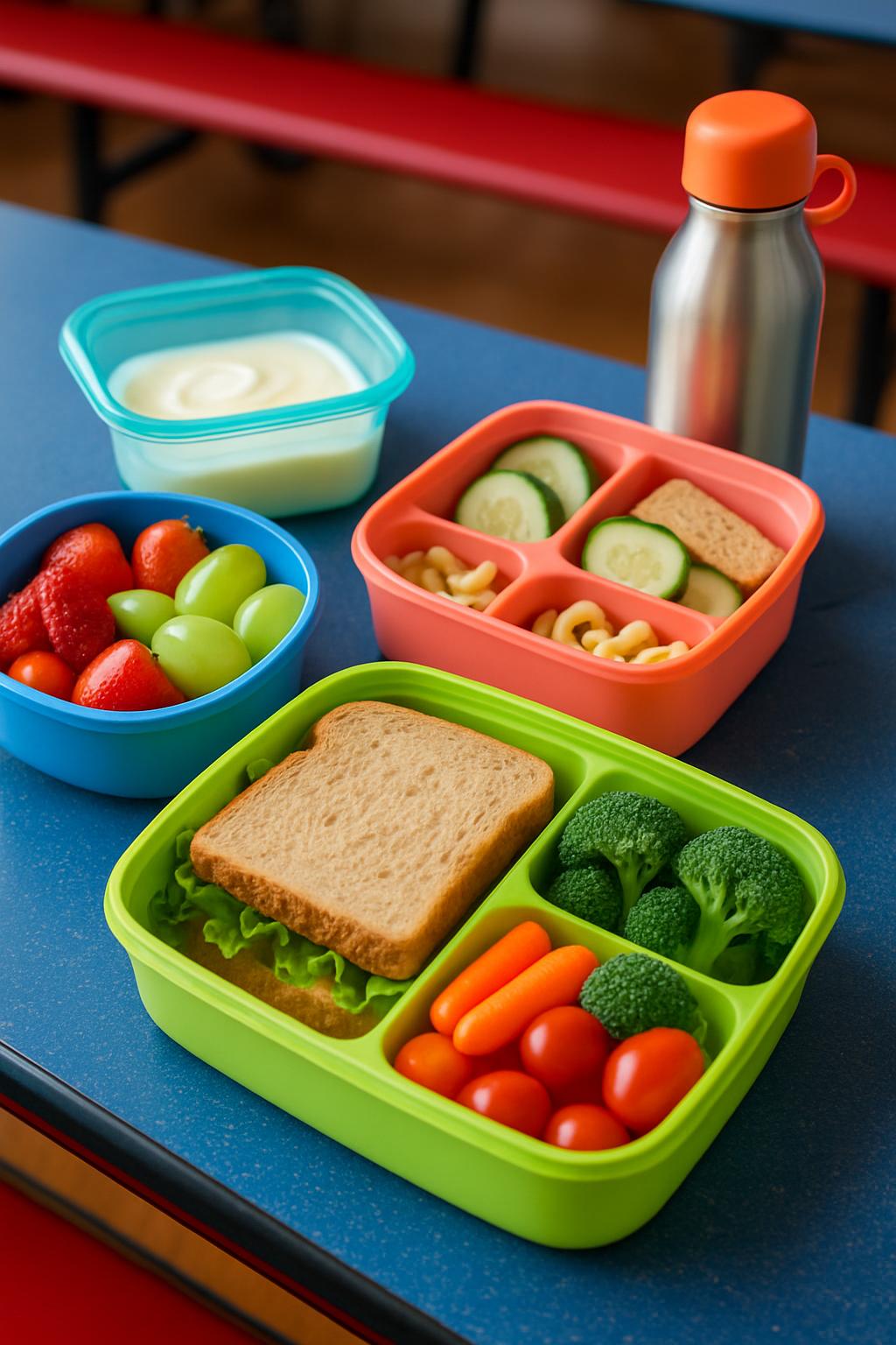 A collection of colorful plastic containers on a blue table, containing various fruits and vegetables, with a silver water...