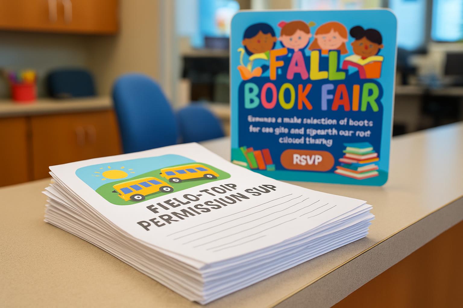 A stack of field trip permission slips sits on a tan table, accompanied by a blue sign advertising a fall book fair in the...