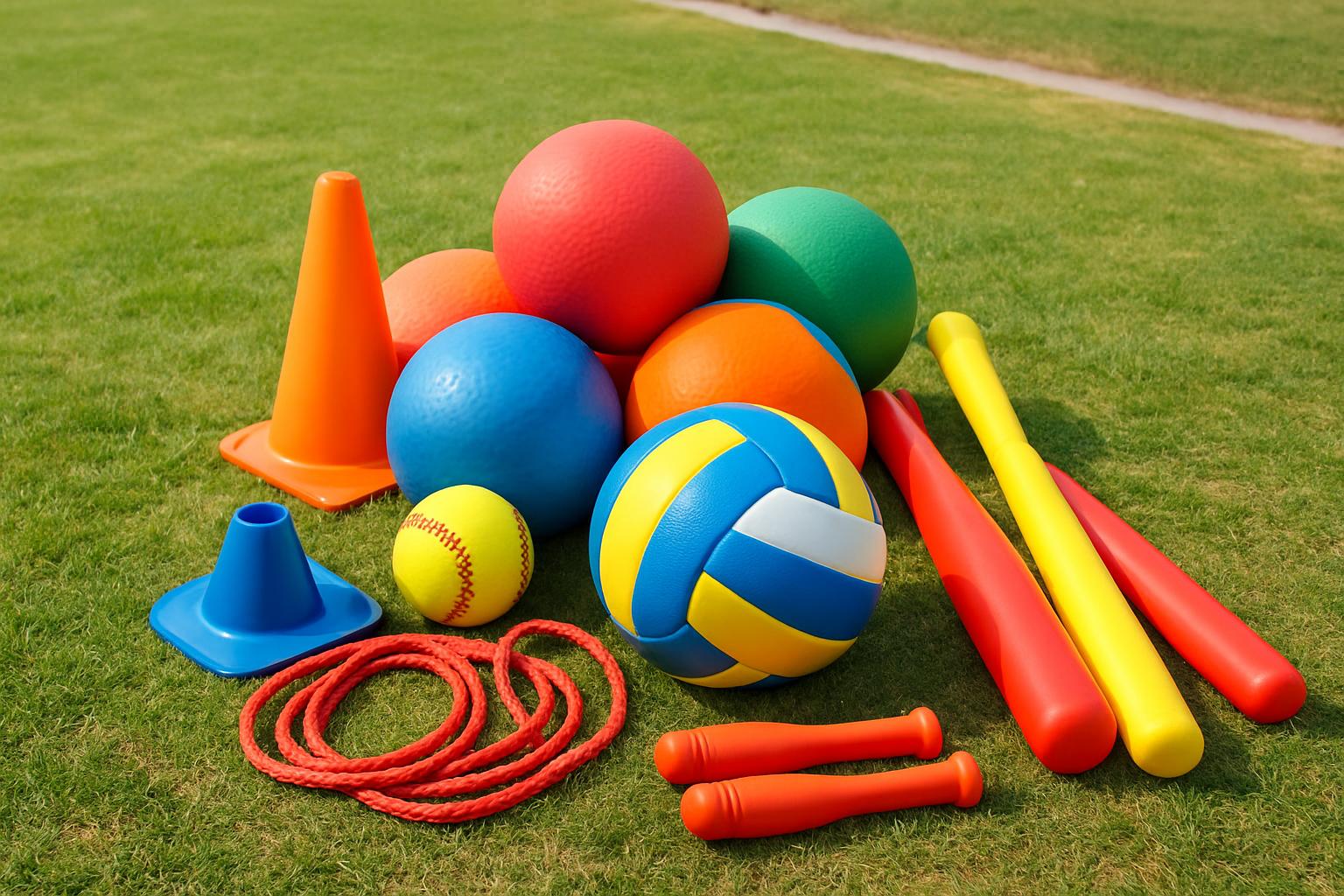 A collection of balls and other sports equipment resting on the grass.