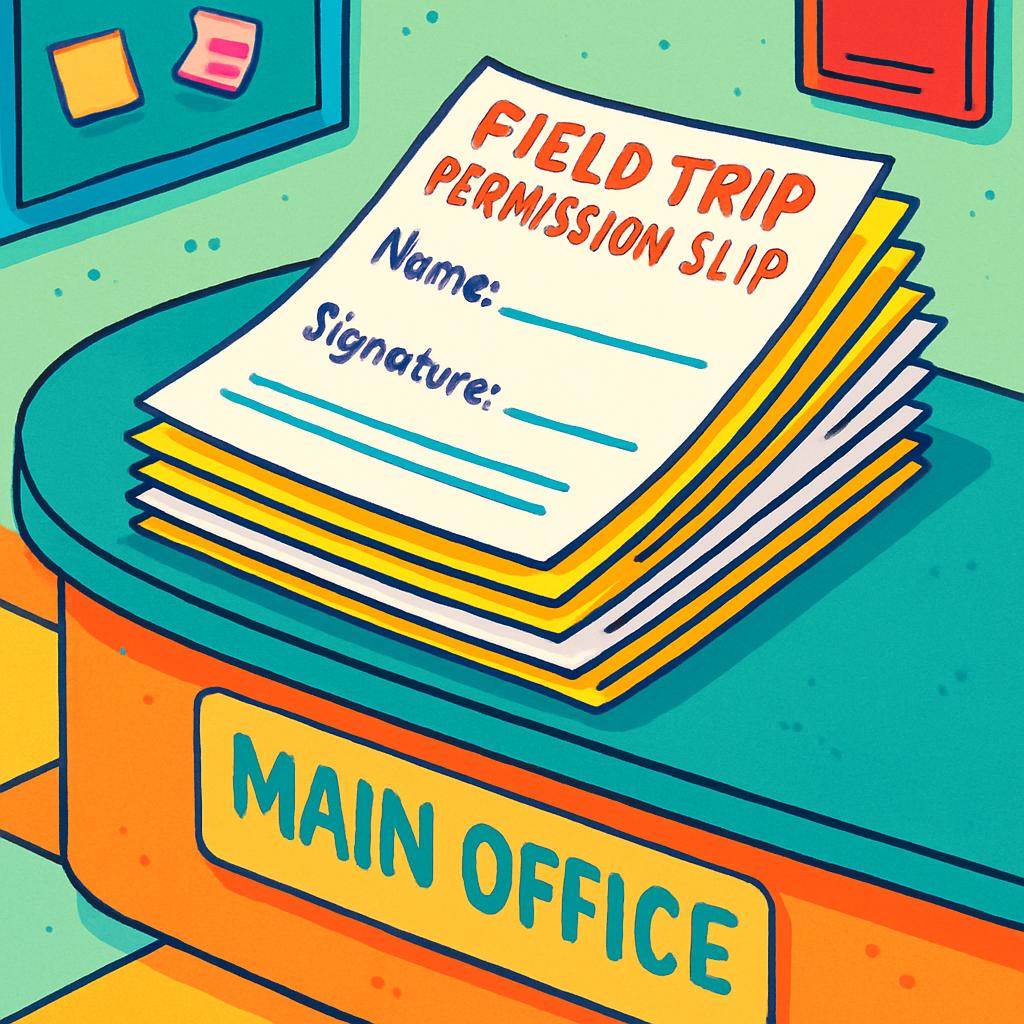 A stack of field trip permission slips sits on a desk labeled "Main Office," promising an educational adventure awaiting c...