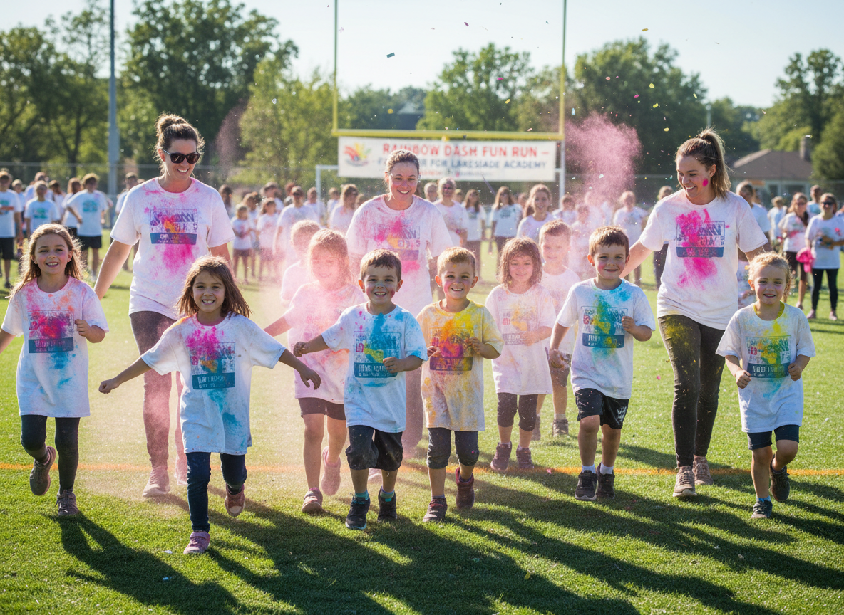 Happy elementary school children and parent volunteers covered in bright colorful powder, smiling and giving high fives at a school fundraiser fun run.